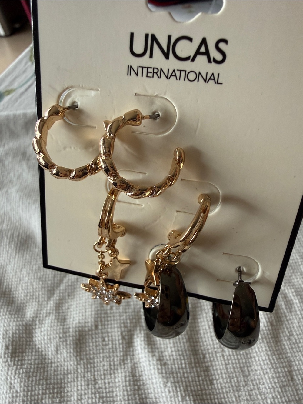 Gold Tone and Black Mixed Hoop Earring Set - 3 Pairs